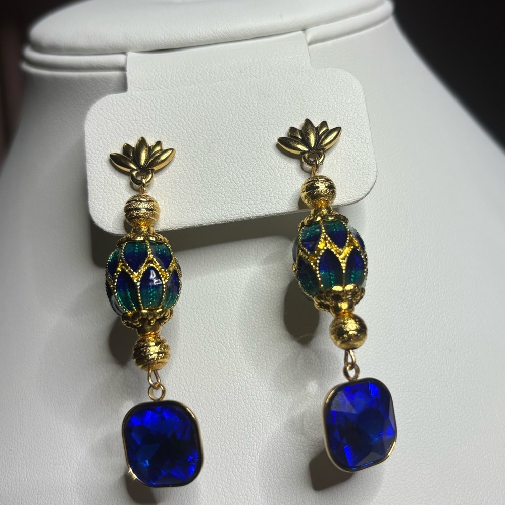 Hand crafted earrings cloisonné blue/green/gold beads-blue faceted glass beads